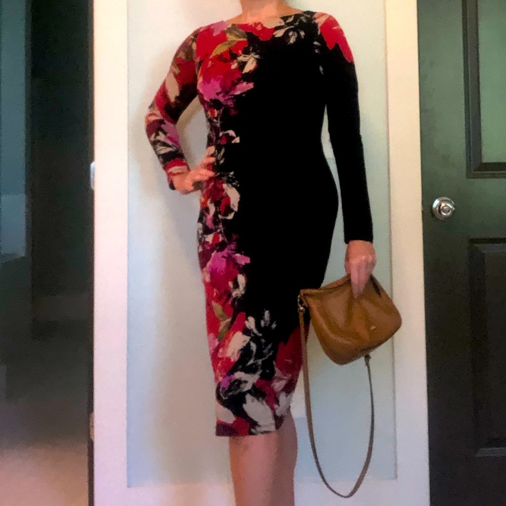 Maggie London elegant black and red floral professional dress, size 6